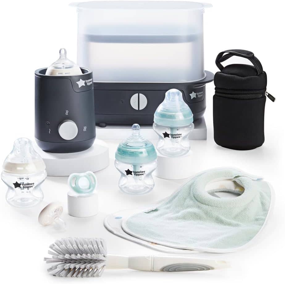 Tommee Tippee Complete Feeding Set, Electric Steam Steriliser with Insulated Bottle Bag, Newborn Self-Sterilising Baby Bottles and Easiwarm Bottle Warmer, Black