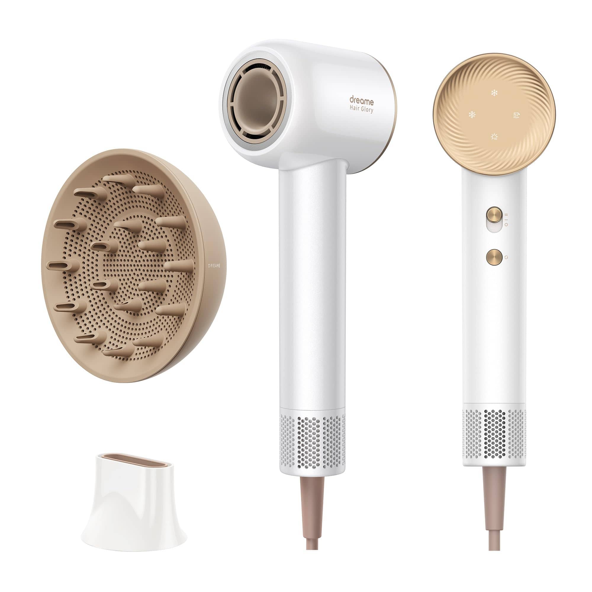 DREAME Hair Glory Combo Haartrockner,Trocknet schnell,110.000 Umdrehungen pro Minute,Luftstrom70m/s,Negativ-Ionen-Technologie,Temperatur-und Luftgeschwindigkeitsregelung,Düse Diffusor,Geräuscharm,Weiß