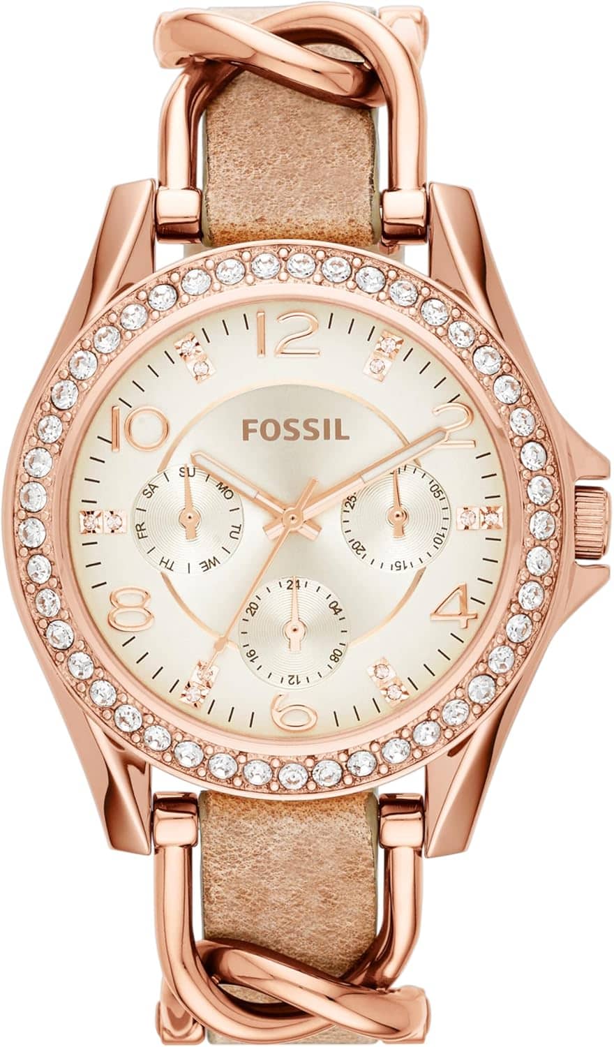 FOSSIL Riley Watch for Women, Quartz Chronograph Movement with Stainless Steel or Leather Strap