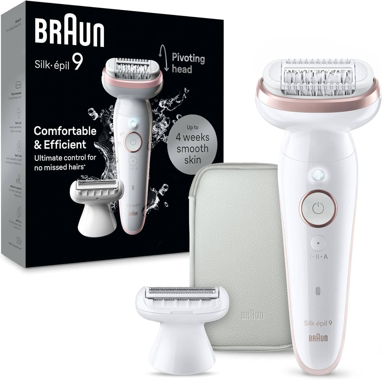 Braun Silk-épil 9, epilator with swivelling head for easy hair removal, wet and dry, long-lasting silky smooth skin, ladyshaver, shaving attachment and trimmer attachment, SES9-030, white/flamingo