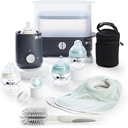 Tommee Tippee Complete Feeding Set, Electric Steam Steriliser with Insulated Bottle Bag, Newborn Self-Sterilising Baby Bottles and Easiwarm Bottle Warmer, Black