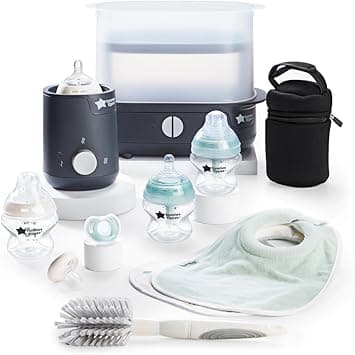 Tommee Tippee Complete Feeding Set, Electric Steam Steriliser with Insulated Bottle Bag, Newborn Self-Sterilising Baby Bottles and Easiwarm Bottle Warmer, Black