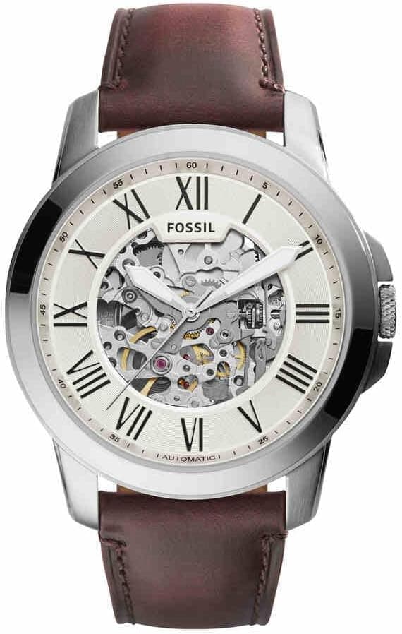 Fossil Watch for Men Grant, Mechanical Automatic Movement, 45 mm Silver Stainless Steel Case with a Leather Strap, ME3099