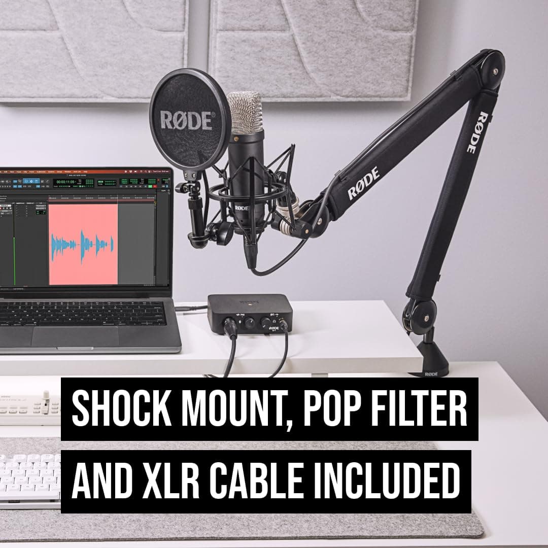 RØDE NT1 Signature Series Large-diaphragm Condenser Microphone with Shock Mount, Pop Filter and XLR Cable for Music Production, Vocal Recording, Streaming and Podcasting