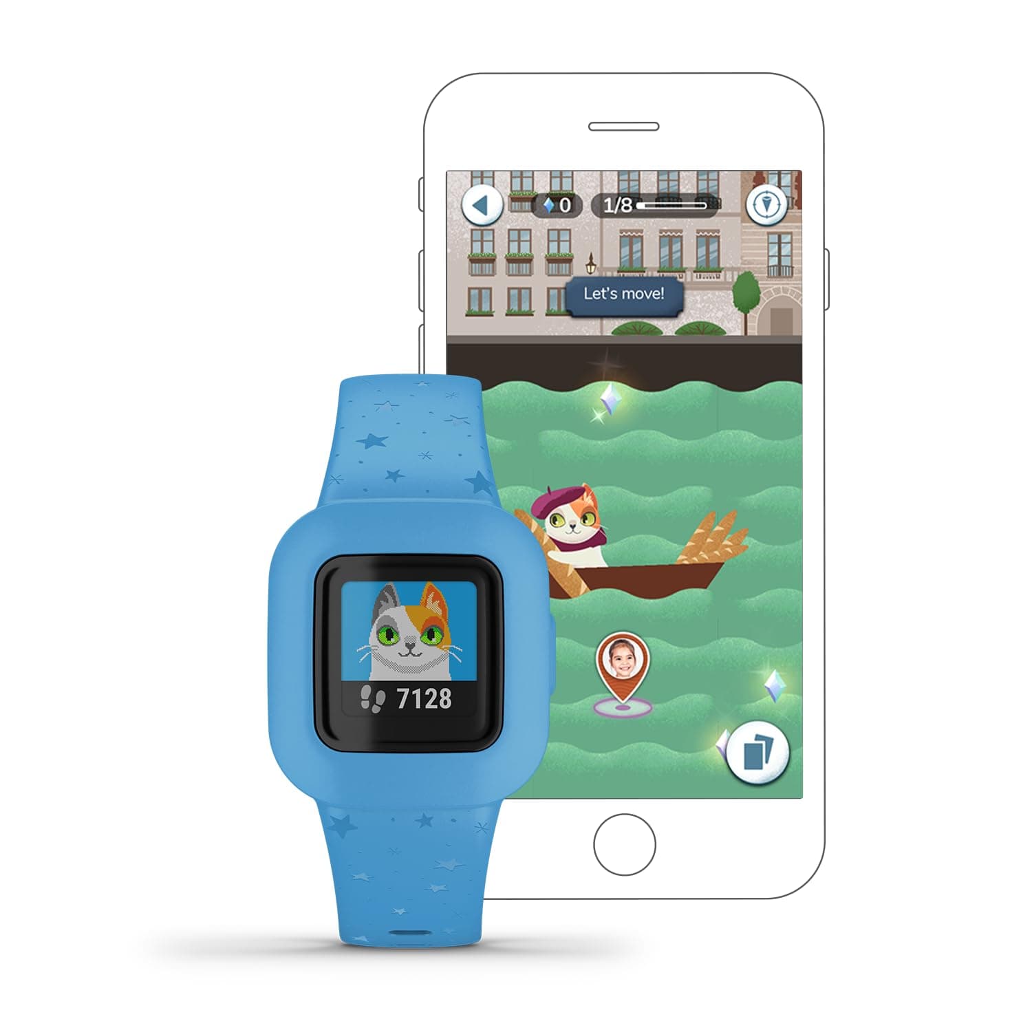 Garmin vívofit Jr.3, Fitness Tracker for Kids, Includes Interactive App Experience, Swim-Friendly, Up To 1-year Battery Life, Adjustable watch band, Blue Stars