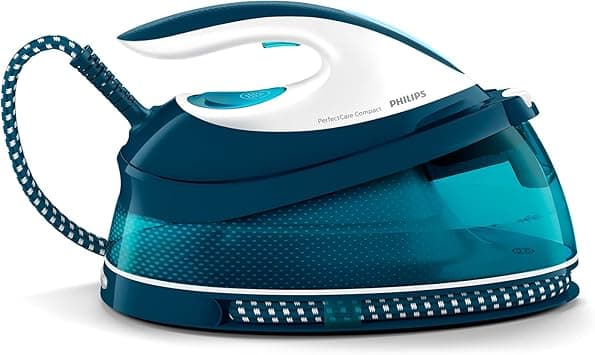 Philips PerfectCare Compact Steam Generator Iron – OptimalTEMP Technology, 6.5 Bars, Steam Stroke 400 g, 120 g/min, Auto Shut Off, Compact Size, Special Sole, Blue (GC7844/20)