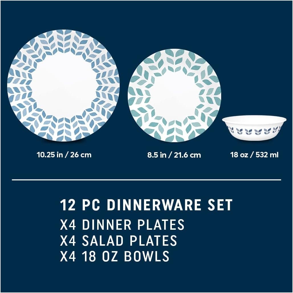 Corelle Vitrelle Glass Dinnerware Set, Chip & Crack Resistant Triple Layer Glass, 12-PC Dinnerware Set, Northern Pines