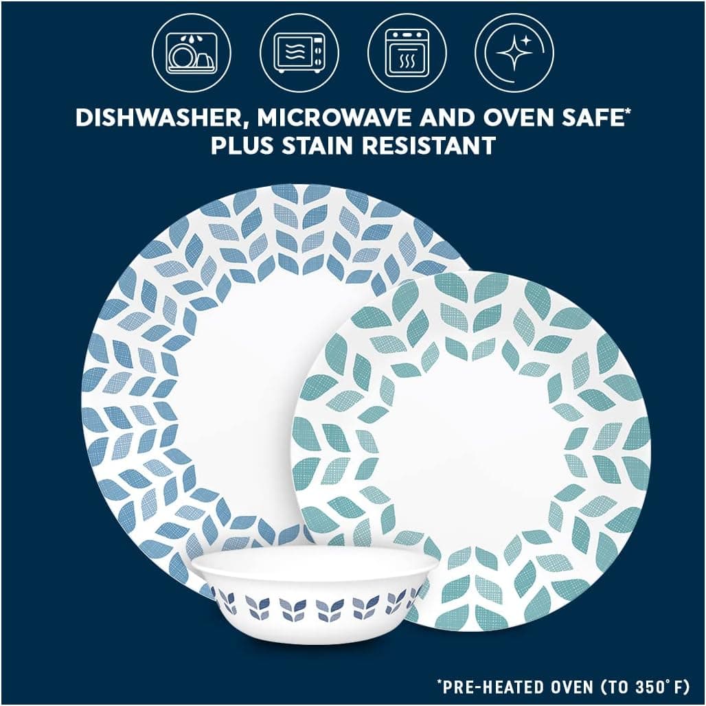 Corelle Vitrelle Glass Dinnerware Set, Chip & Crack Resistant Triple Layer Glass, 12-PC Dinnerware Set, Northern Pines