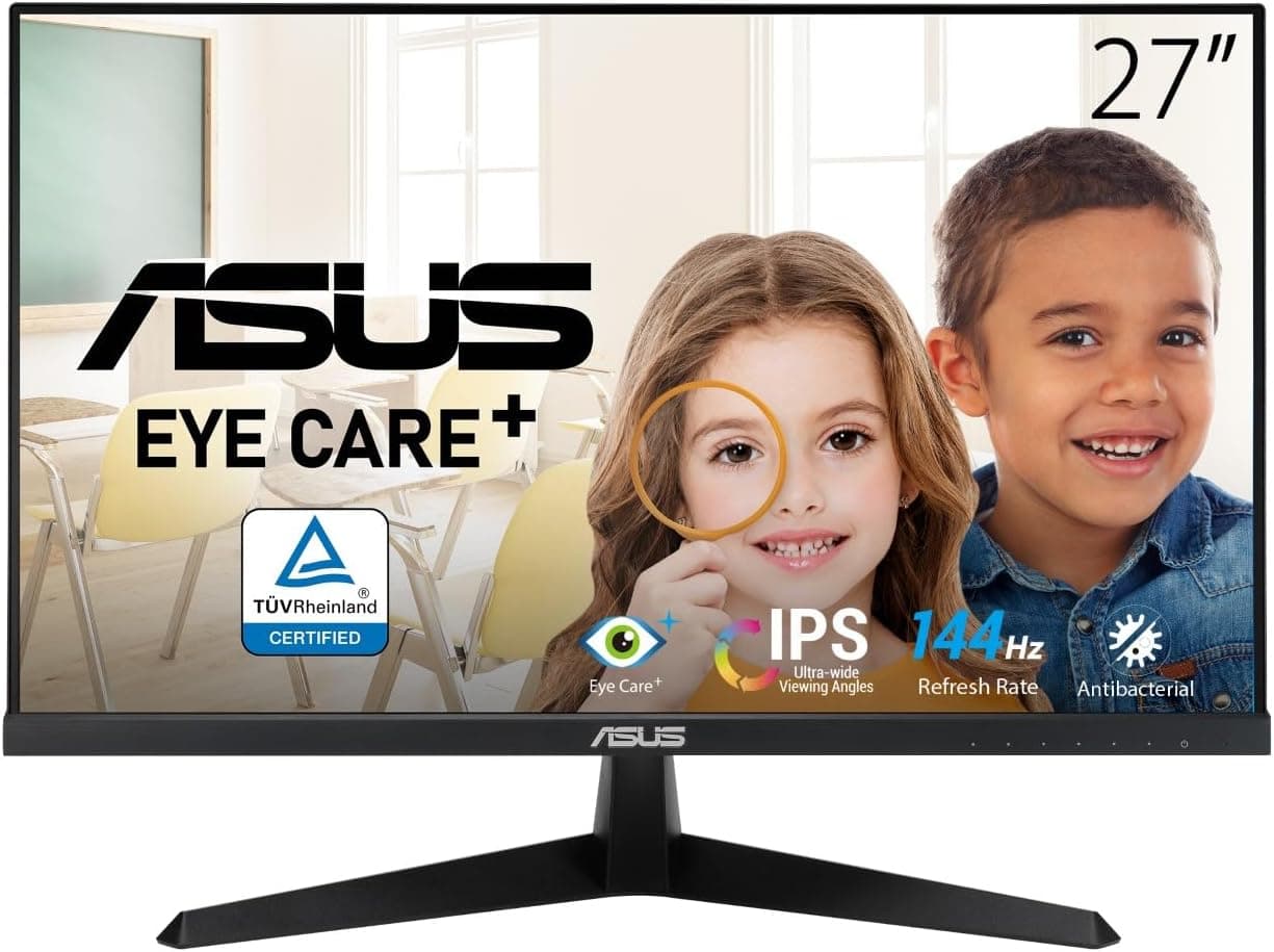 ASUS VY279HGE Eye Care Gaming Monitor, 27 inch FHD (1920 x 1080), IPS, 144Hz, IPS, SmoothMotion, 1ms (MPRT), FreeSync, Eye Care technology, Blue Light Filter, Flicker Free, antibacterial trea