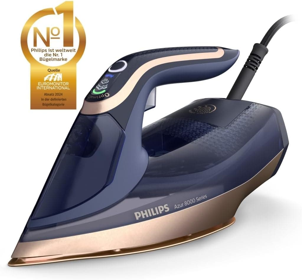 Philips Azur 8000 Series Steam Iron - 85 g/min Continuous Steam, 260 g Turbo Steam Boost, 3000W, OptimalTEMP Technology, SteamGlide Elite Soleplate, Dark Blue (DST8050/20)