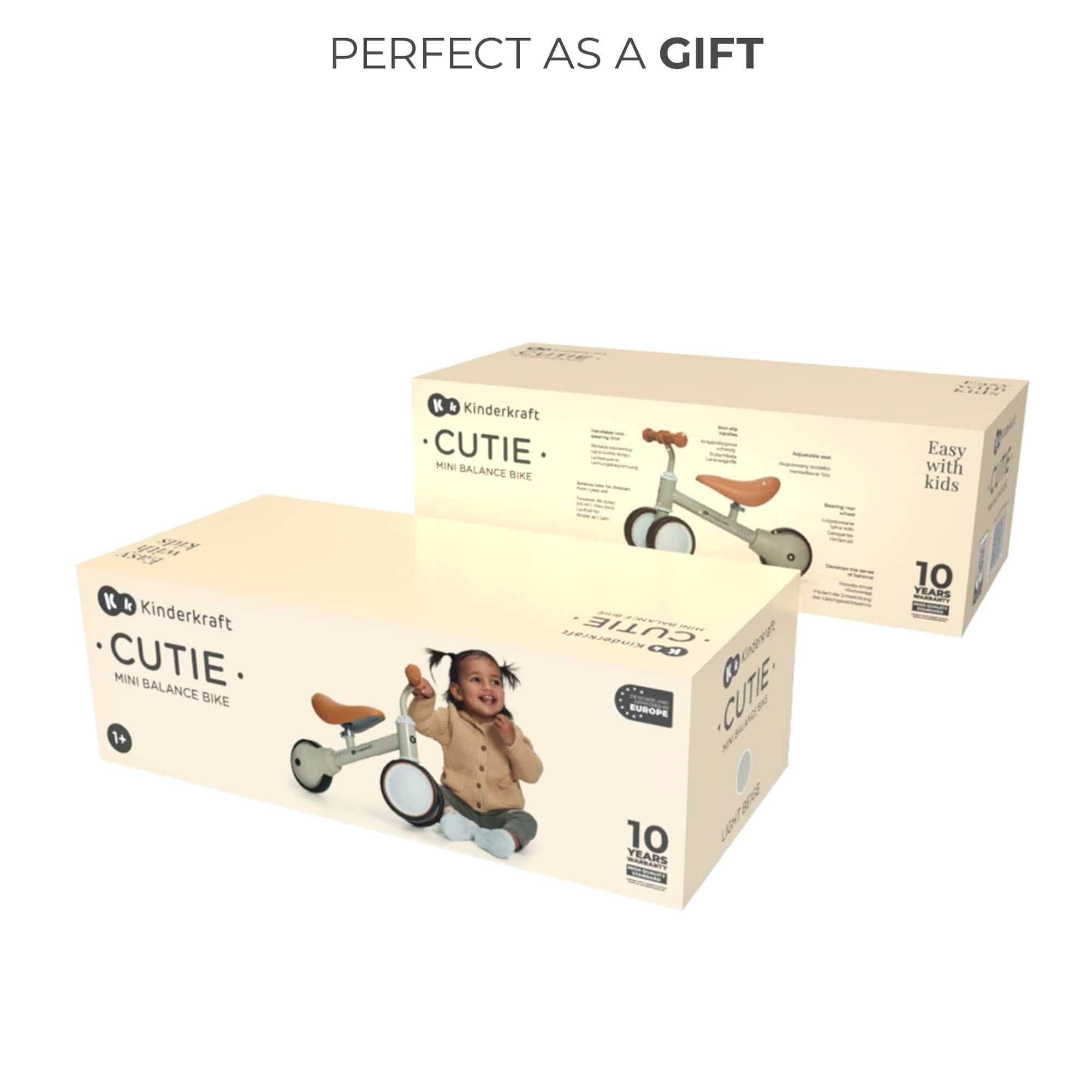 Kinderkraft Balance Bike CUTIE, Lightweight Kids First Bicycle, Baby Walker, Trike, No Pedals, with Ajustable Seat, for Toddlers, from 1 Year Old to 15 kg, Beige