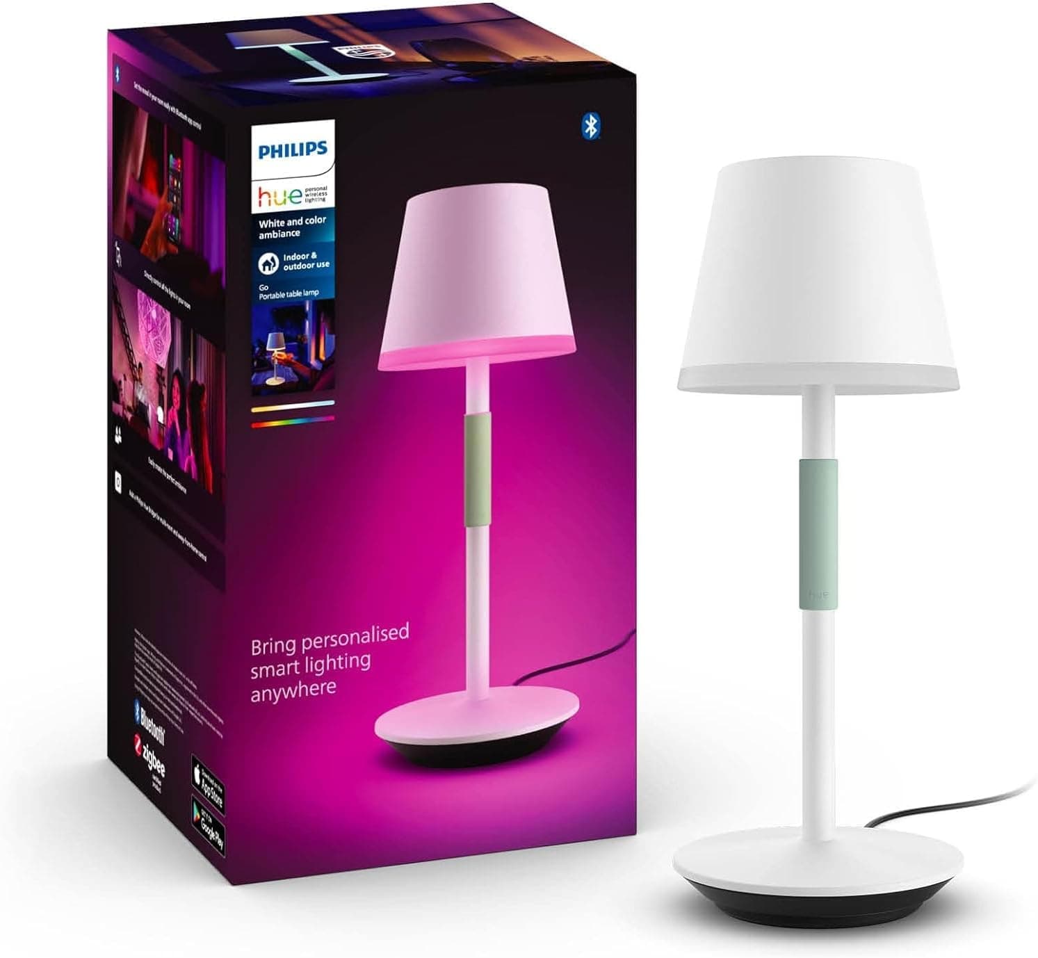Philips Hue White & Color Ambiance Go Portable Table Lamp (530 lm), Dimmable LED Light for Hue Lighting System with 16 Million Colours, Smart Light Control via Voice or App, White