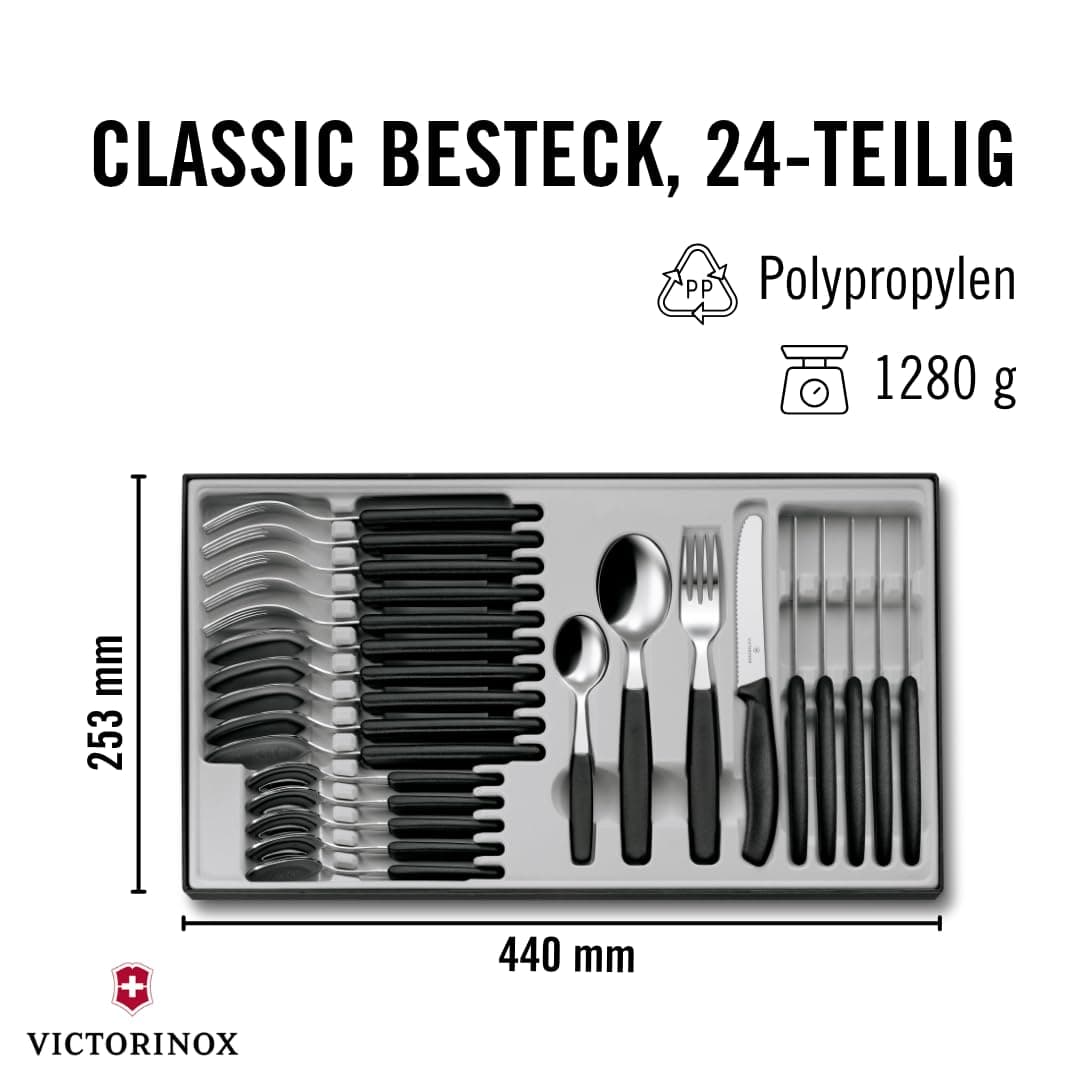 Victorinox Table Set Swiss Classic with Tomato Knife 24 Pieces, Stainless Steel, Black, 30 x 5 x 5 cm