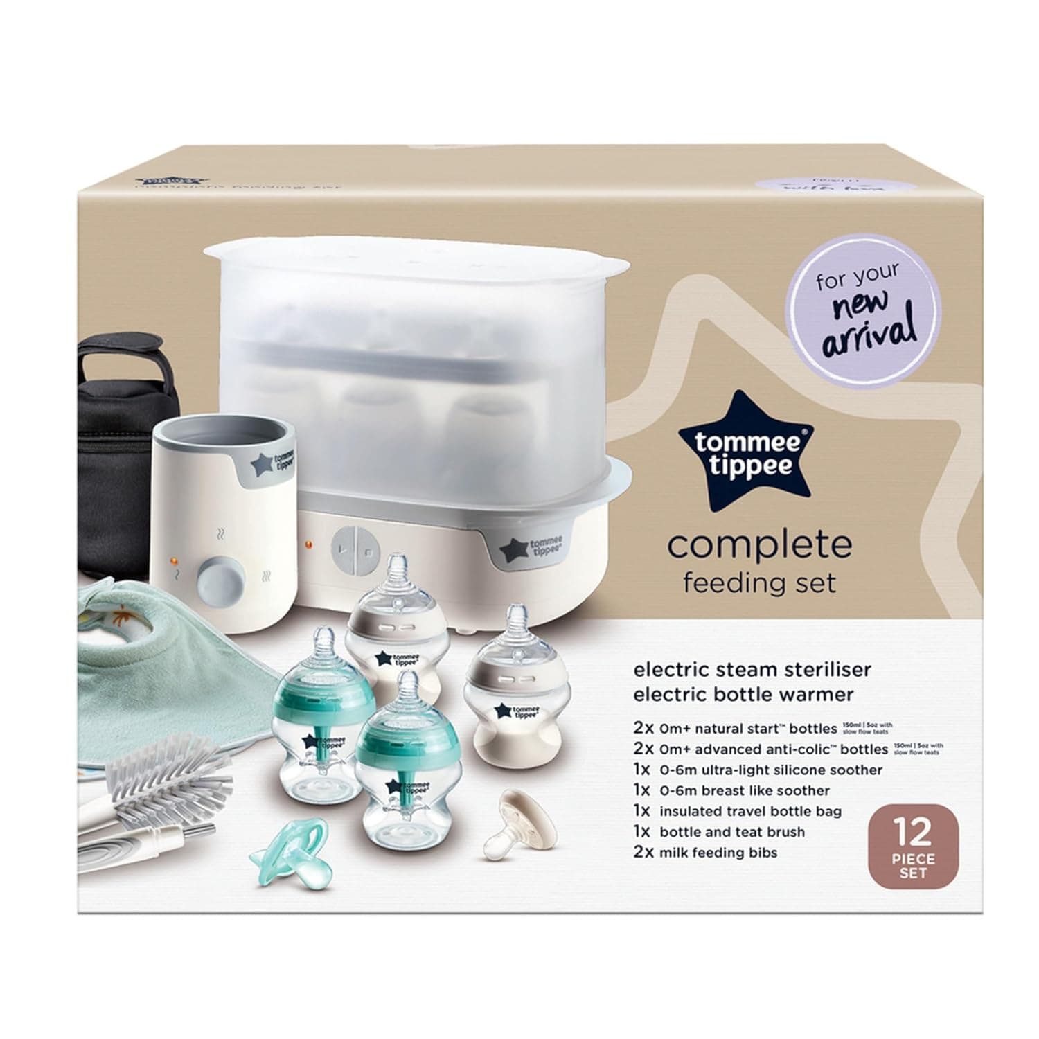 Tommee Tippee Complete Feeding Set, White, with Electric Steam Steriliser, Newborn Self-Sterilising Baby Bottles and Easiwarm Bottle Warmer, Essential for Parents with Newborns
