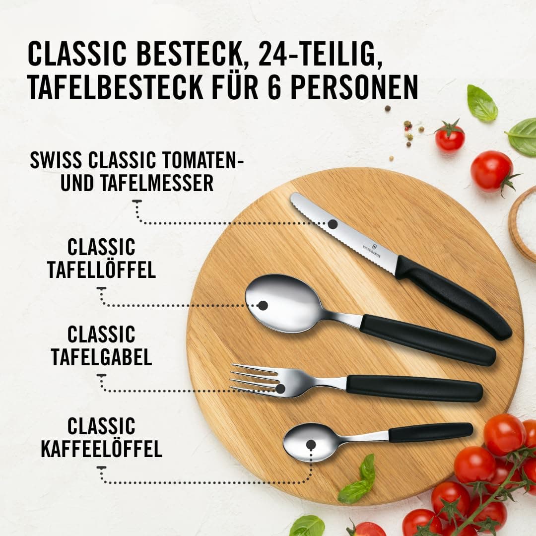 Victorinox Table Set Swiss Classic with Tomato Knife 24 Pieces, Stainless Steel, Black, 30 x 5 x 5 cm