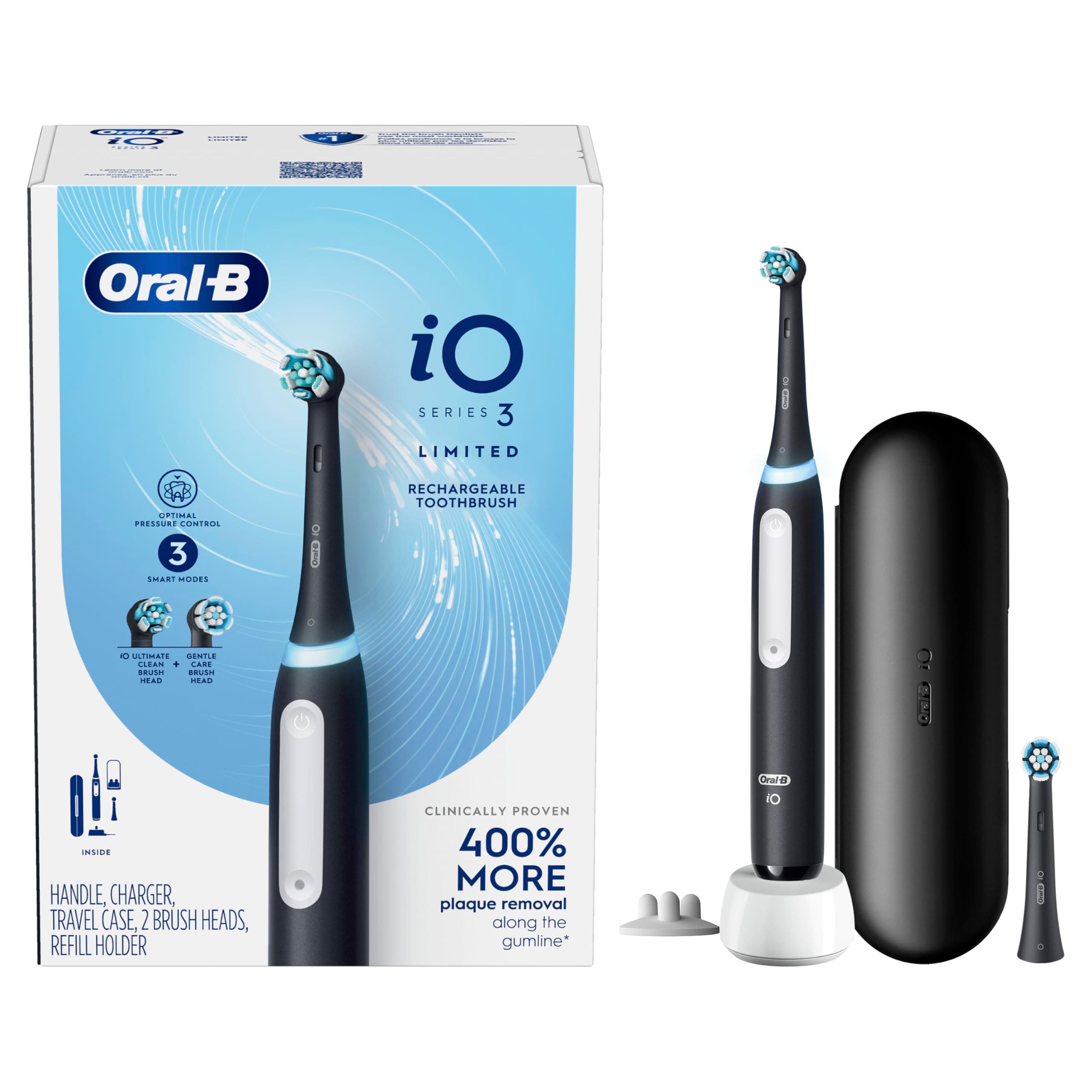 Oral-B iO Deep Clean Rechargeable Electric Powered Toothbrush, Black with iO Series 3 Limited, 2 Brush Heads and Travel Case - Pressure Sensor to Protect Gums - 3 Cleaning Settings - 2 Minute