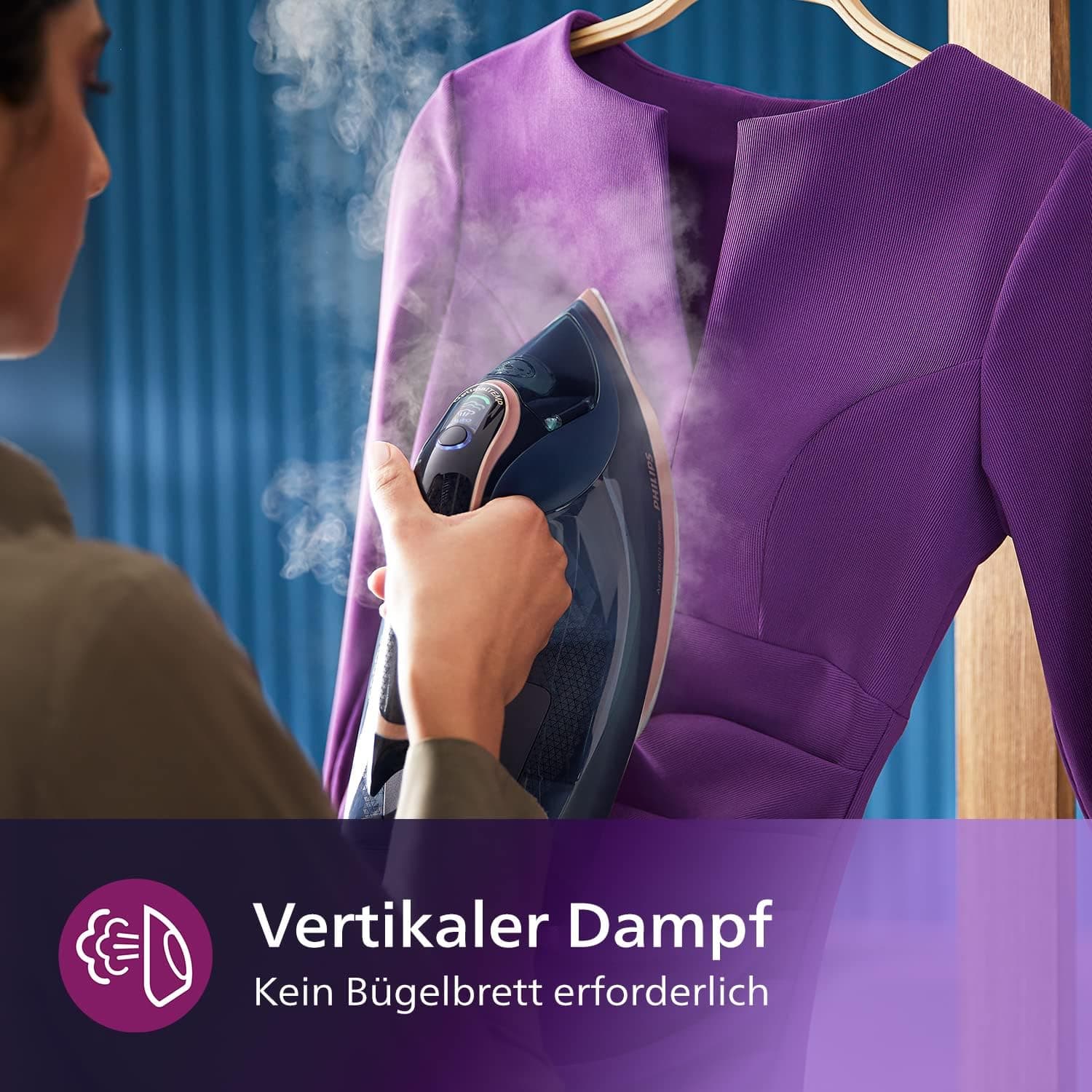 Philips Azur 8000 Series Steam Iron - 85 g/min Continuous Steam, 260 g Turbo Steam Boost, 3000W, OptimalTEMP Technology, SteamGlide Elite Soleplate, Dark Blue (DST8050/20)