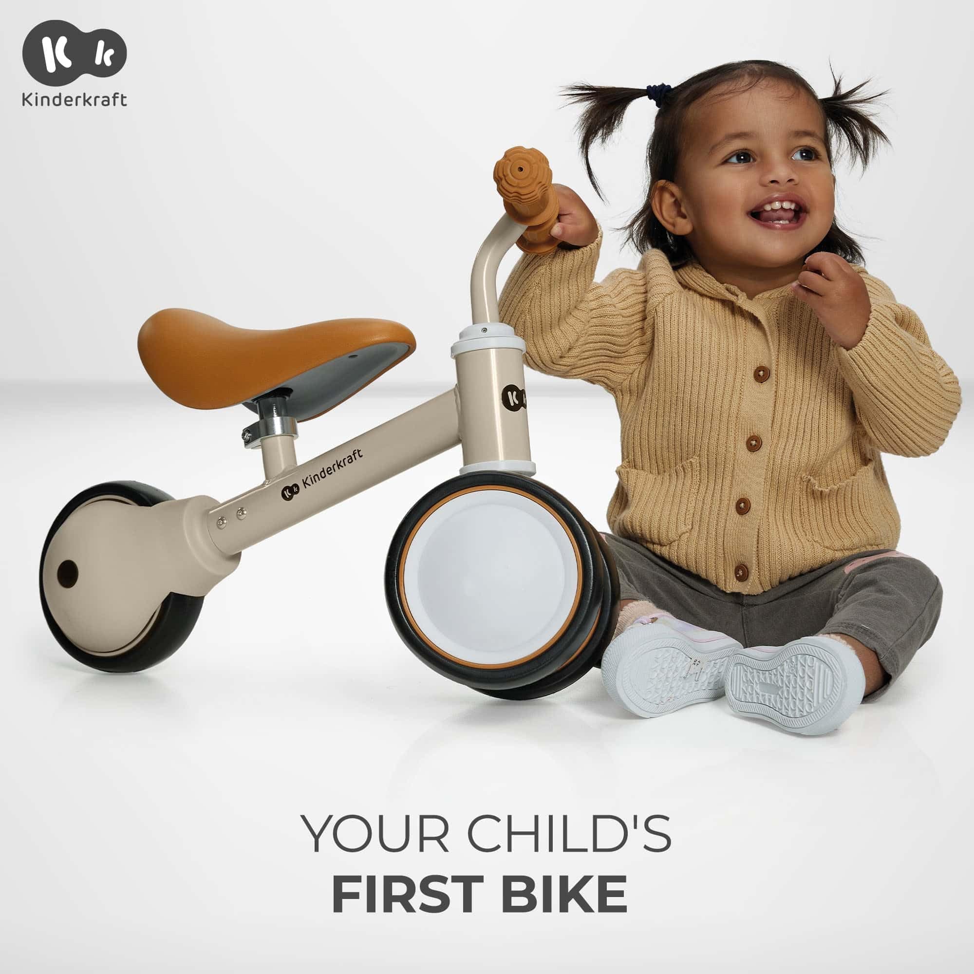 Kinderkraft Balance Bike CUTIE, Lightweight Kids First Bicycle, Baby Walker, Trike, No Pedals, with Ajustable Seat, for Toddlers, from 1 Year Old to 15 kg, Beige