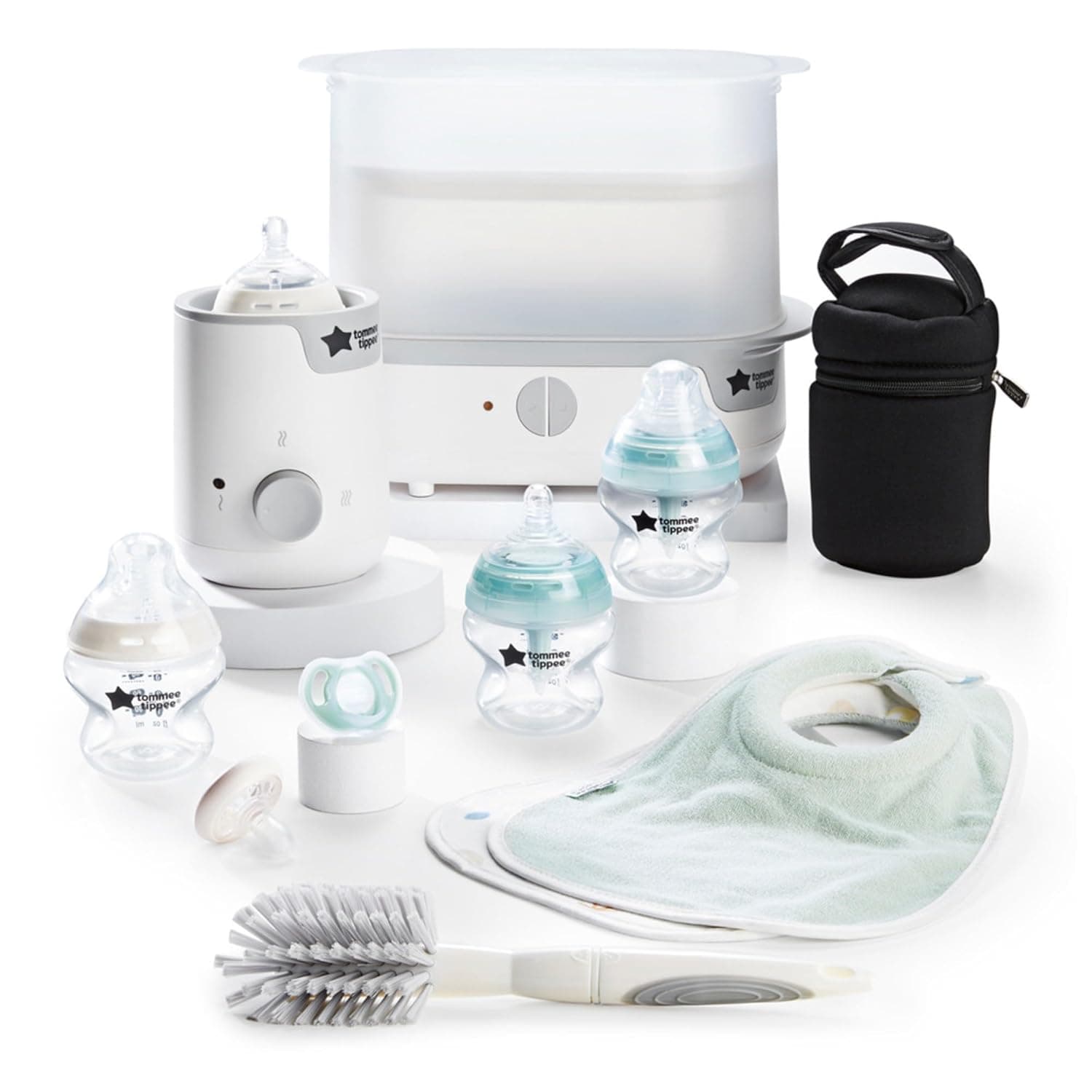 Tommee Tippee Complete Feeding Set, White, with Electric Steam Steriliser, Newborn Self-Sterilising Baby Bottles and Easiwarm Bottle Warmer, Essential for Parents with Newborns