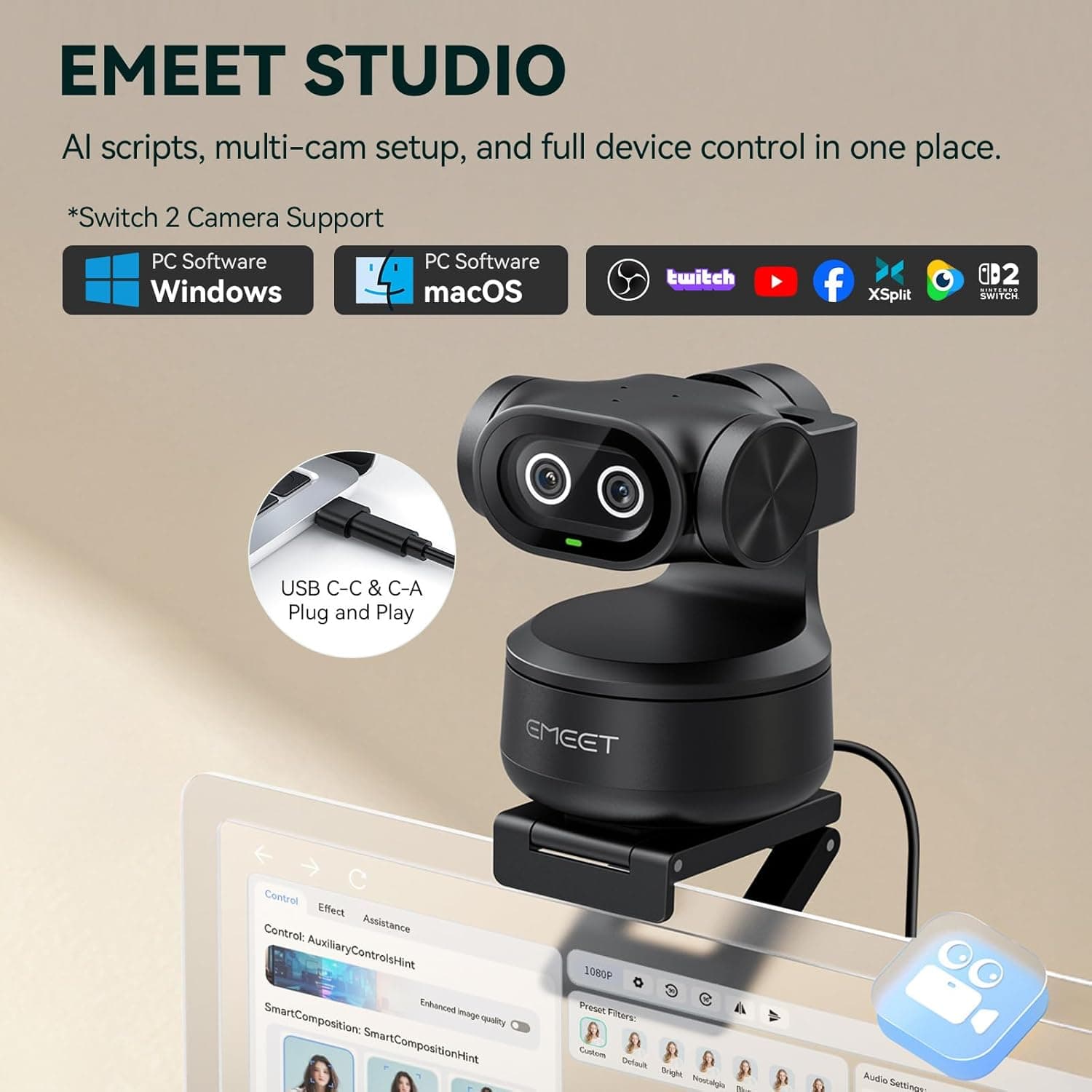 EMEET PIXY Dual-Camera AI-Powered PTZ Camera 4K, AI Tracking, PDAF&AI Autofocus 0.2s, 1/2.55'' Sony Sensor, 3 Mics, Presets, Gesture Control, 4K Webcam for Streaming and OBS/Twitch/Switch 2 C