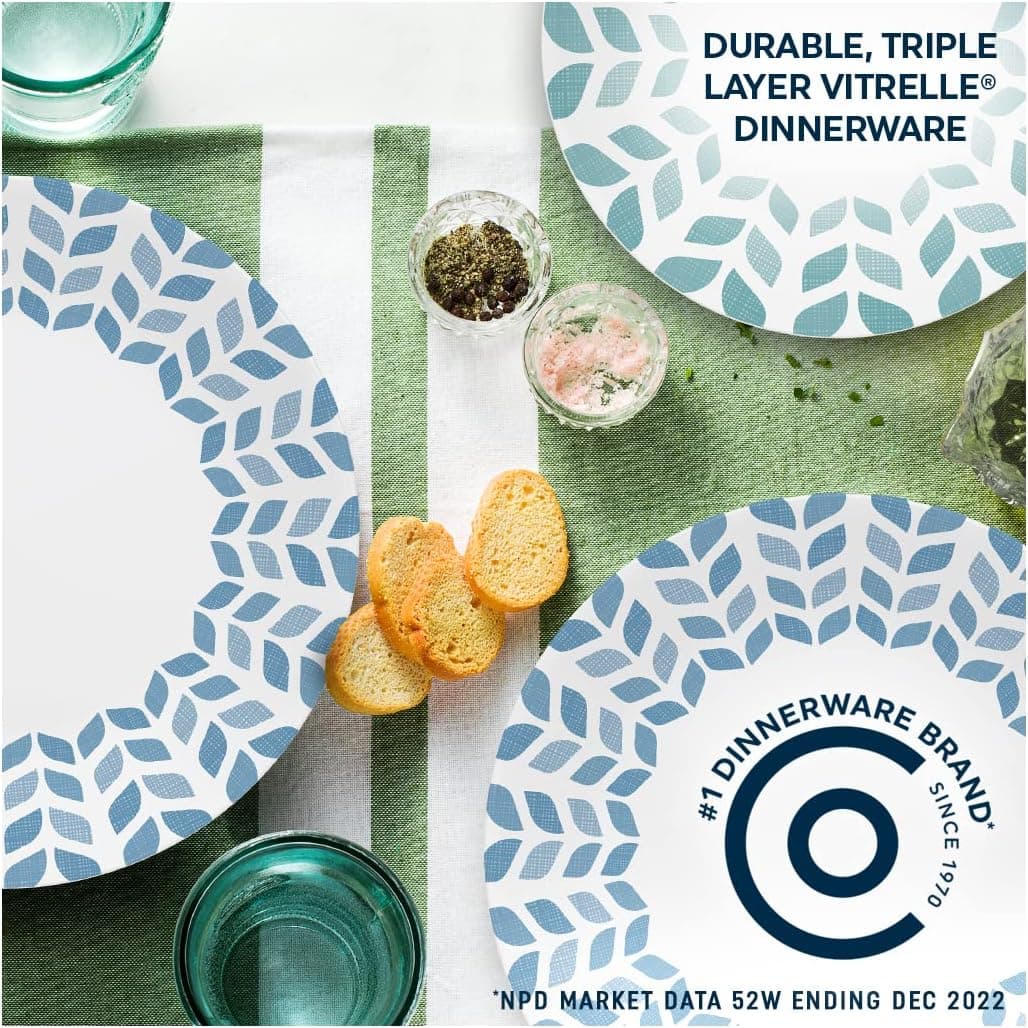 Corelle Vitrelle Glass Dinnerware Set, Chip & Crack Resistant Triple Layer Glass, 12-PC Dinnerware Set, Northern Pines