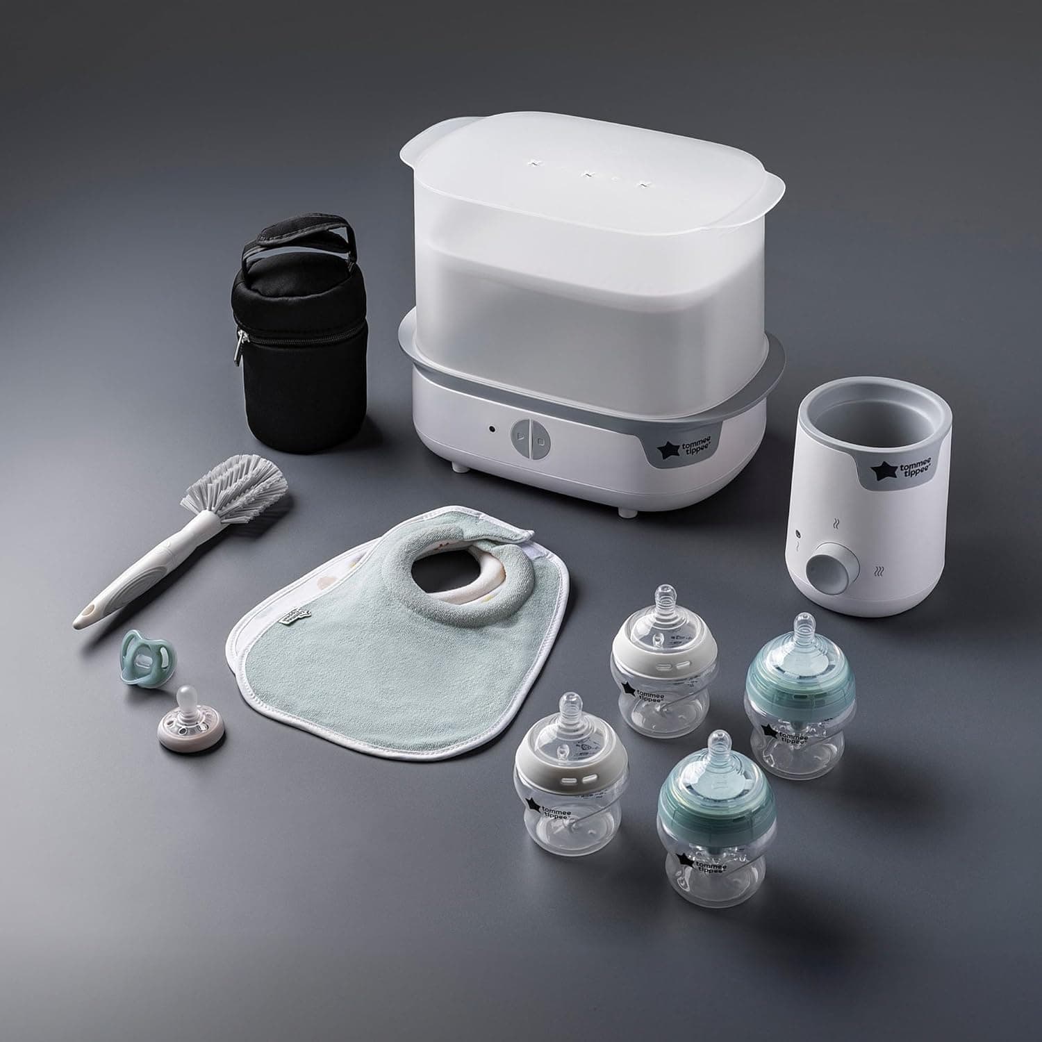 Tommee Tippee Complete Feeding Set, White, with Electric Steam Steriliser, Newborn Self-Sterilising Baby Bottles and Easiwarm Bottle Warmer, Essential for Parents with Newborns