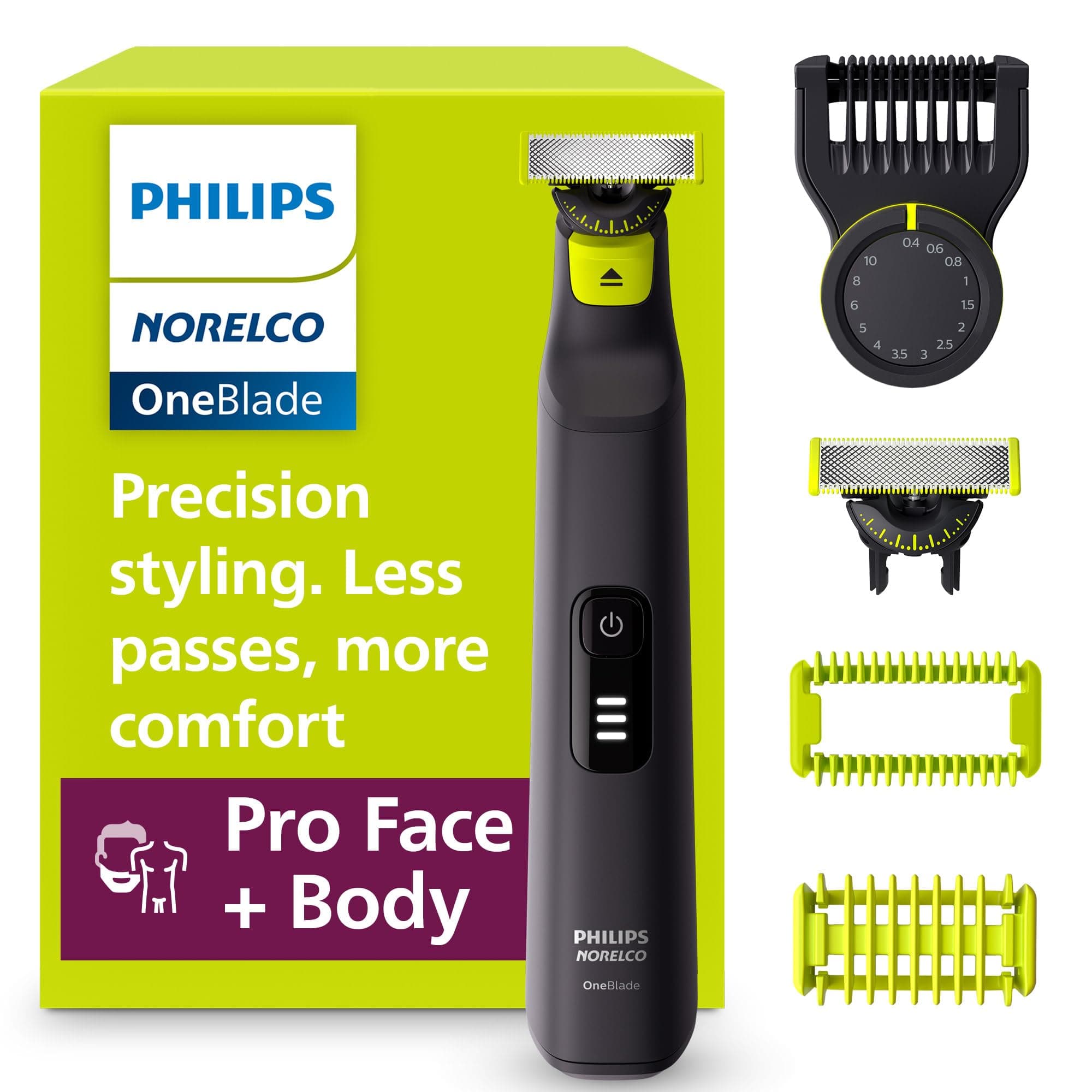 Philips Norelco OneBlade Pro 360 Face + Body, Electric Shaver, Beard Trimmer and Body Groomer, with 360 Blade Technology, 14-Length Precision Comb, Body Kit, Soft Pouch, Model QP6542/70
