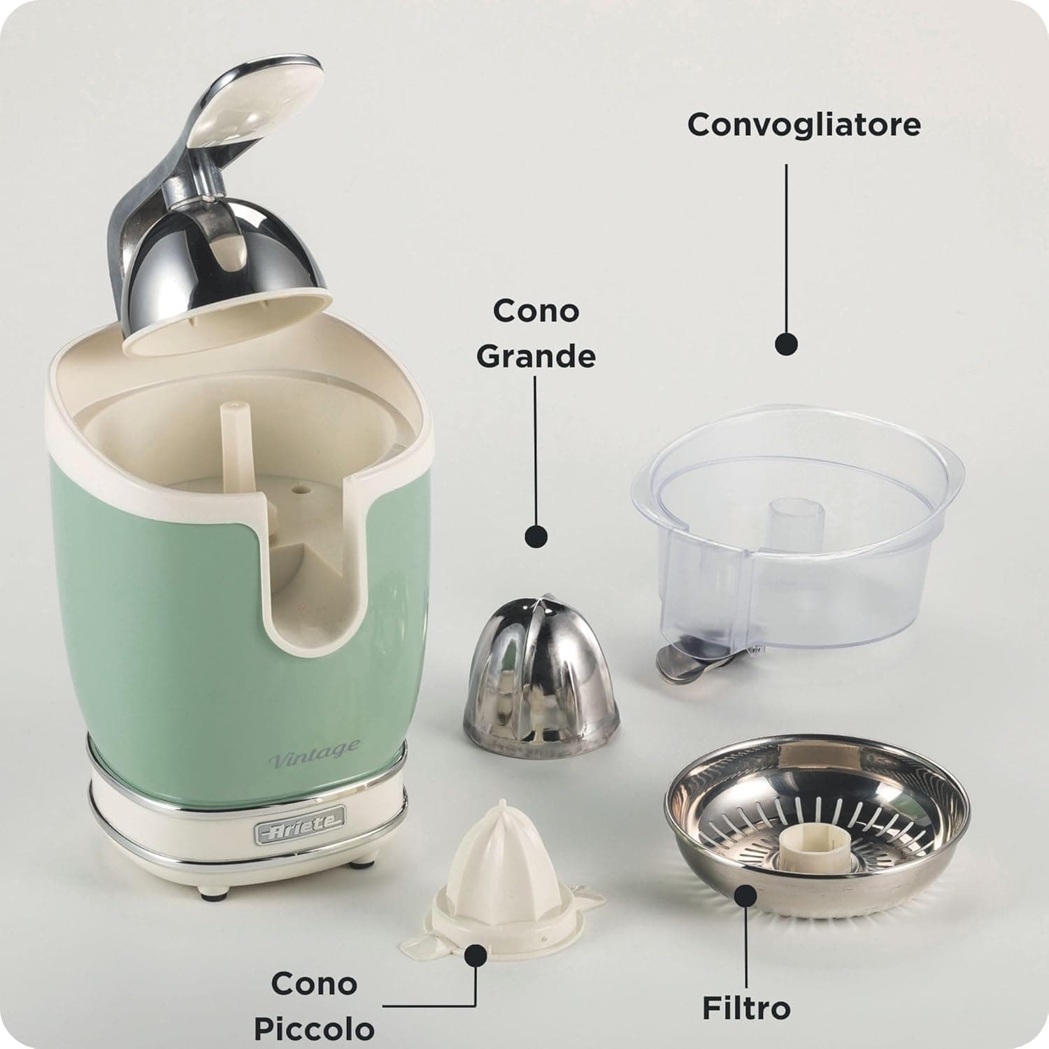 Ariete 413-04 – Vintage Electric Juicers 85 W, Quiet, 2 Different Size Cones, Cable Manure, Stainless Steel Nozzle, Anti-Drip Function, Green Metal Body
