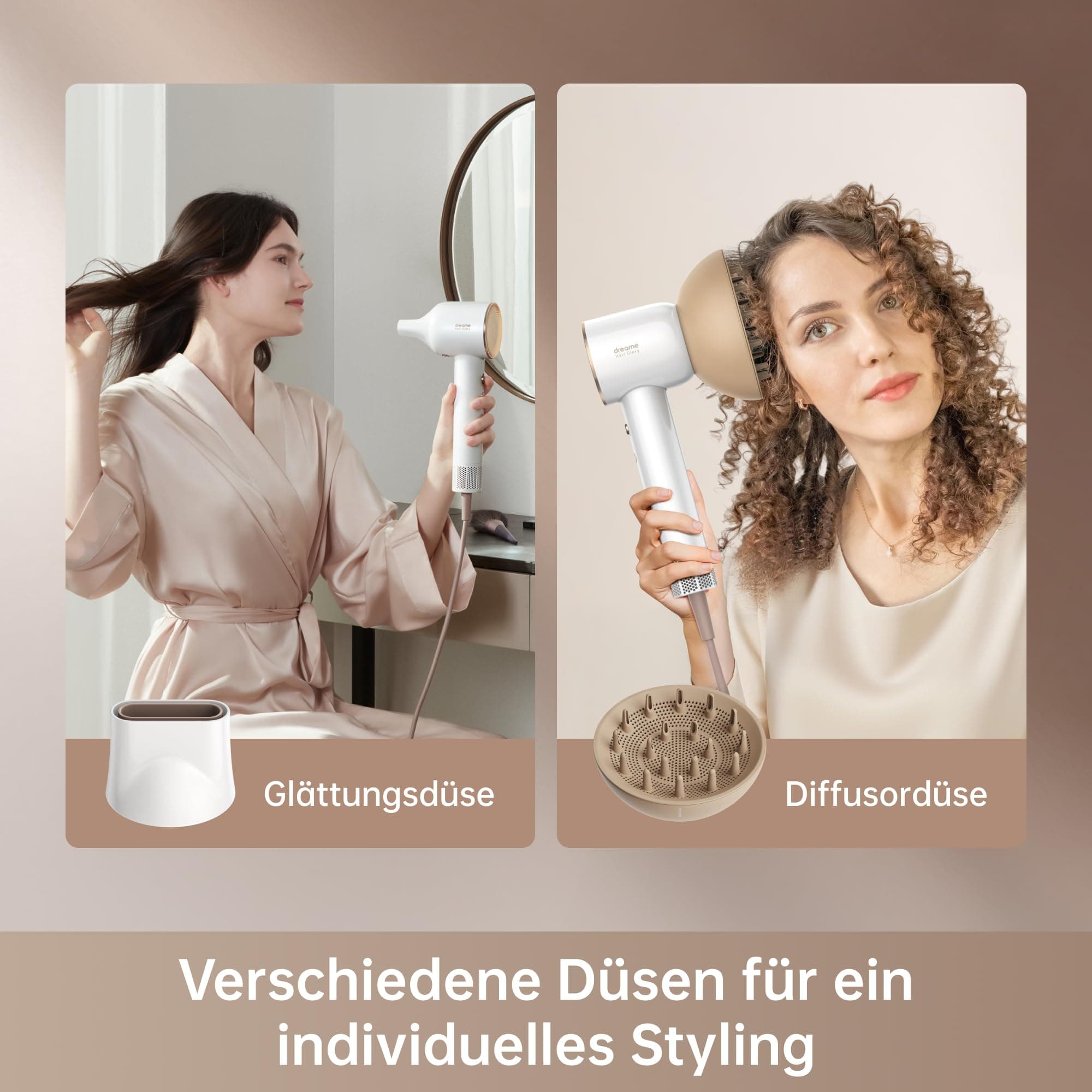 DREAME Hair Glory Combo Haartrockner,Trocknet schnell,110.000 Umdrehungen pro Minute,Luftstrom70m/s,Negativ-Ionen-Technologie,Temperatur-und Luftgeschwindigkeitsregelung,Düse Diffusor,Geräusc