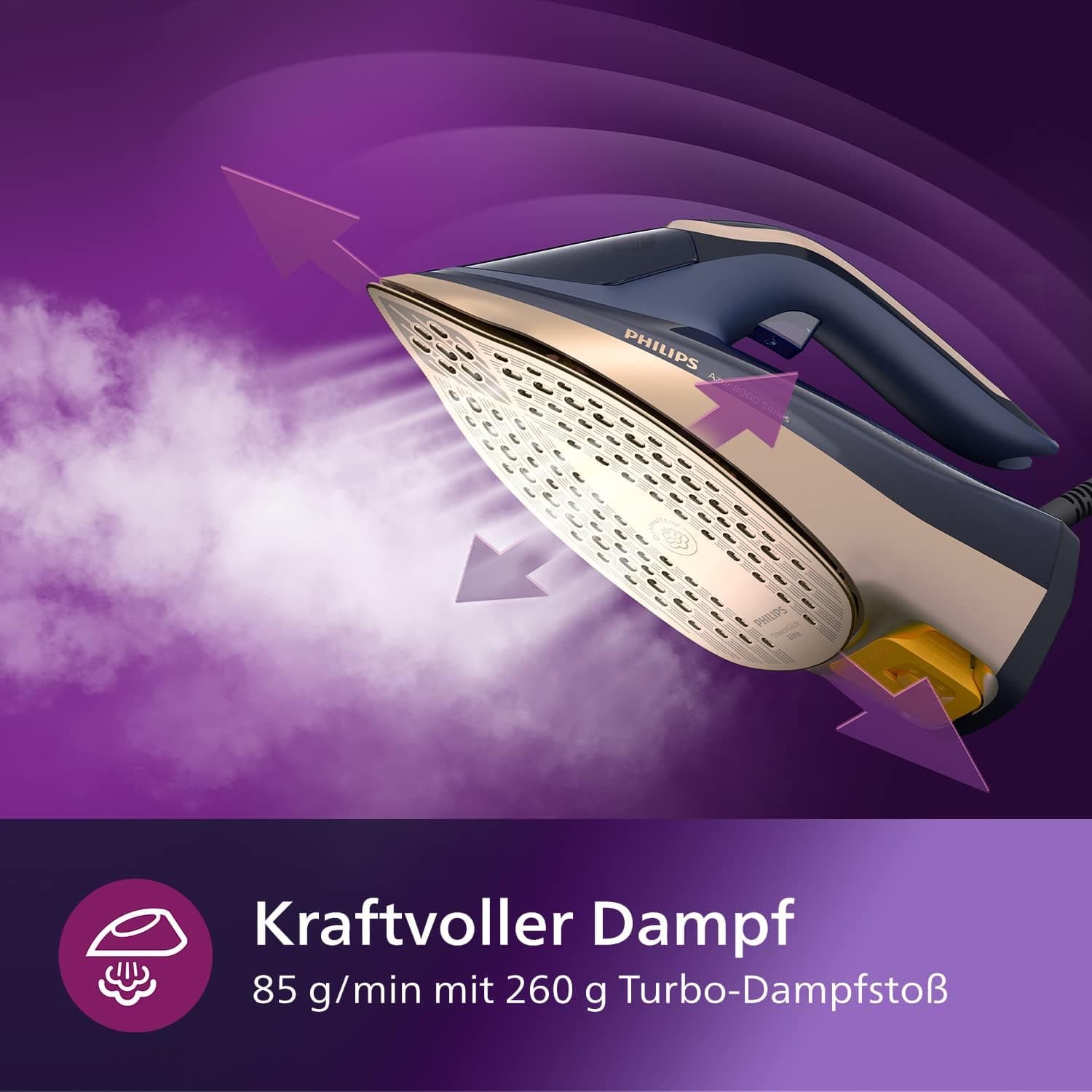 Philips Azur 8000 Series Steam Iron - 85 g/min Continuous Steam, 260 g Turbo Steam Boost, 3000W, OptimalTEMP Technology, SteamGlide Elite Soleplate, Dark Blue (DST8050/20)