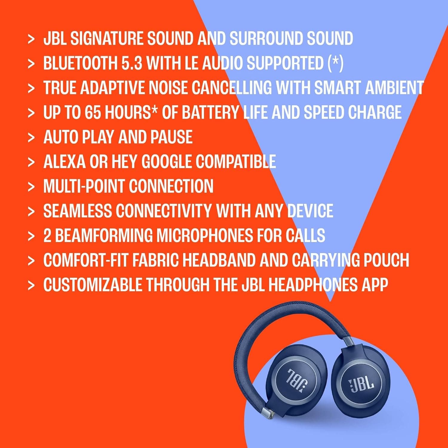 JBL Live 770NC Over-Ear Headphones, Adaptive Noise Cancelling, Smart Ambient, Up to 65 Hours of Battery Life, Blue