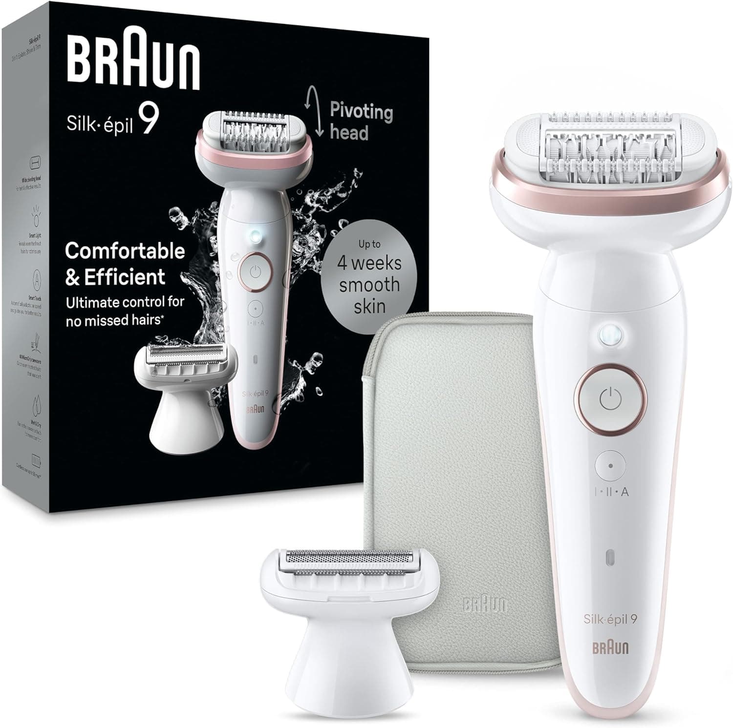 Braun Silk-épil 9, epilator with swivelling head for easy hair removal, wet and dry, long-lasting silky smooth skin, ladyshaver, shaving attachment and trimmer attachment, SES9-030, white/fla