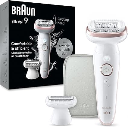 Braun Silk-épil 9, epilator with swivelling head for easy hair removal, wet and dry, long-lasting silky smooth skin, ladyshaver, shaving attachment and trimmer attachment, SES9-030, white/fla