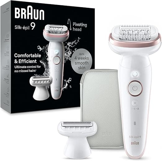 Braun Silk-épil 9, epilator with swivelling head for easy hair removal, wet and dry, long-lasting silky smooth skin, ladyshaver, shaving attachment and trimmer attachment, SES9-030, white/fla