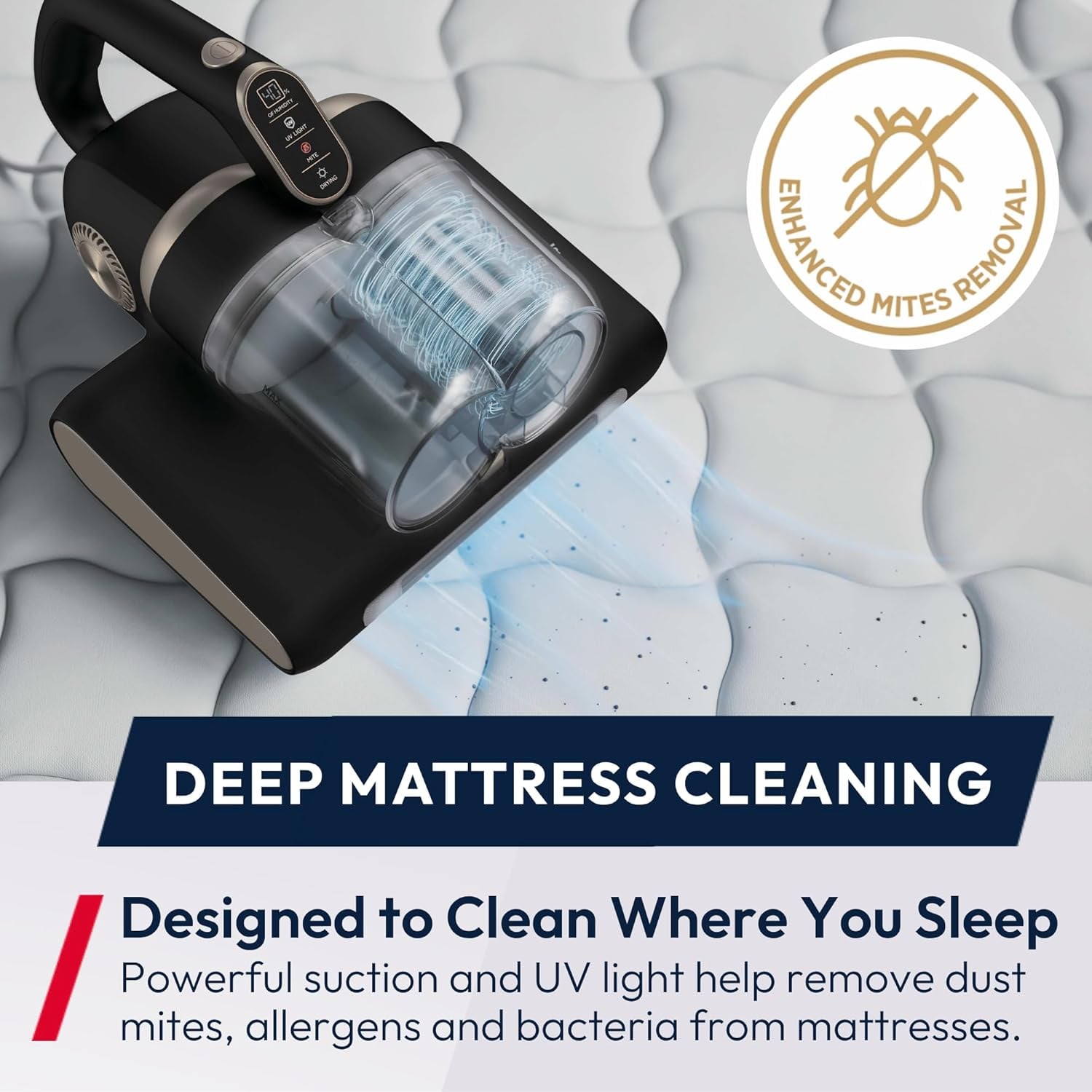 Hoover HMC520 Mattress Vacuum Cleaner with UV Light - 4 in 1 Handheld Dust Mite Vacuum Cleaner for beds and sofas - Dust Sensor, Mite Removal, UV-C Light, Black & Gold