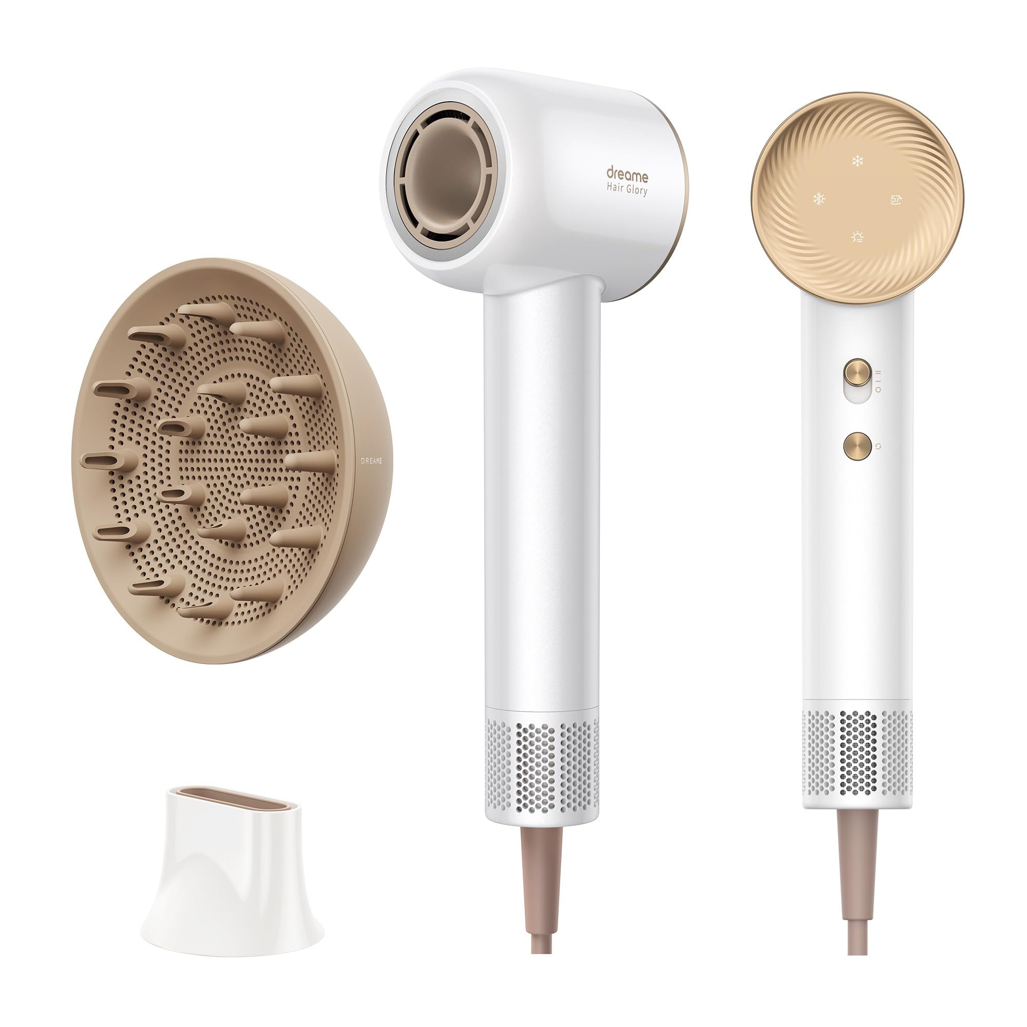 DREAME Hair Glory Combo Haartrockner,Trocknet schnell,110.000 Umdrehungen pro Minute,Luftstrom70m/s,Negativ-Ionen-Technologie,Temperatur-und Luftgeschwindigkeitsregelung,Düse Diffusor,Geräuscharm,Weiß