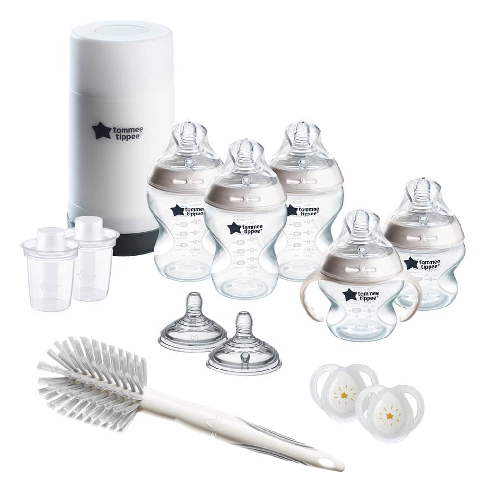 Tommee Tippee Natural Start Ready for Baby Bottle Set, 5oz & 9oz Self-Sterilizing Baby Bottles, Slow & Medium Flow Breast-Like Nipples with Anti-Colic Valves, 0-6 month pacifiers, Travel Bottle Warmer