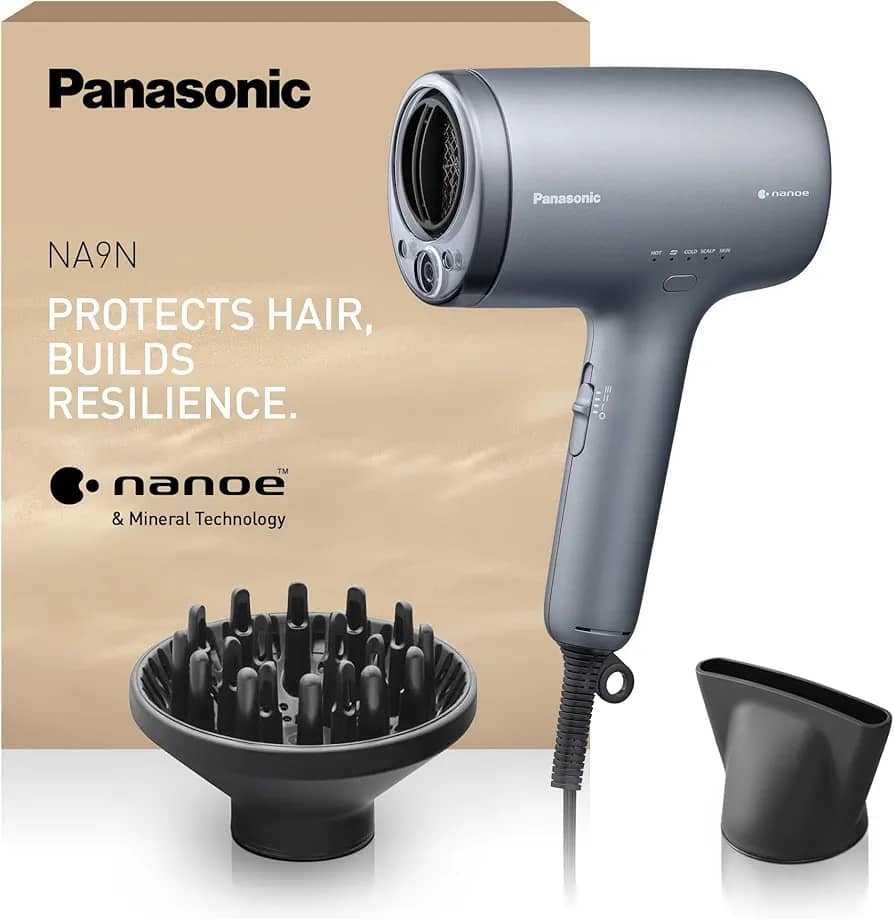 Panasonic EH-NA9N-H895 Hair Dryer with Diffuser nanoe & Mineral Ions, Anti-Damage, Fast Drying, Intelligent Sensing, Scalp & Skin Modes, Concentrator Attachment, 1600W, Grey