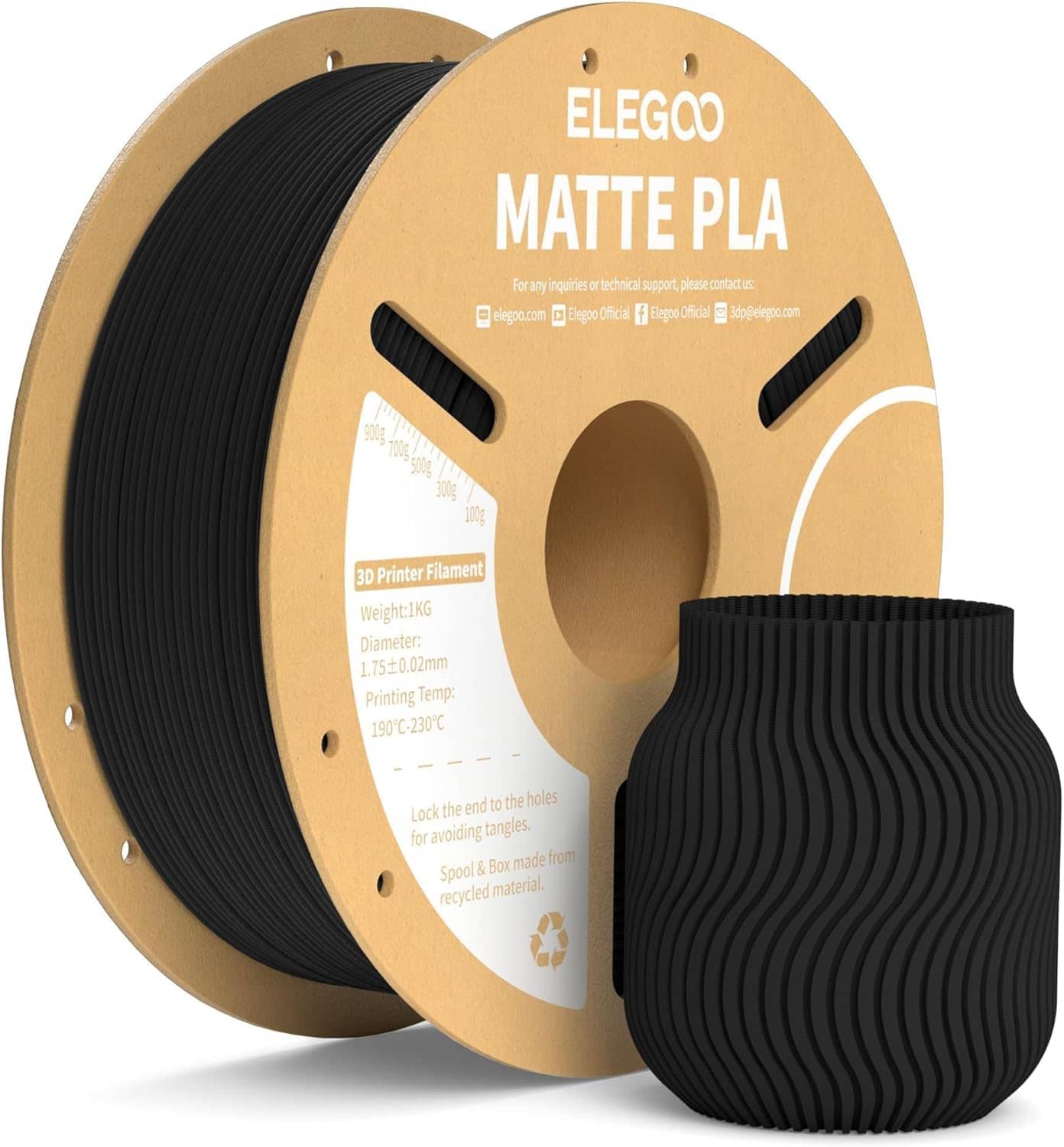 ELEGOO Matte PLA Filament Matte Black 1KG, 1.75mm 3D Printer Filament Dimensional Accuracy +/- 0.02mm, 1kg Carboard Spool (2.2lbs) Fits for Most FDM 3D Printers