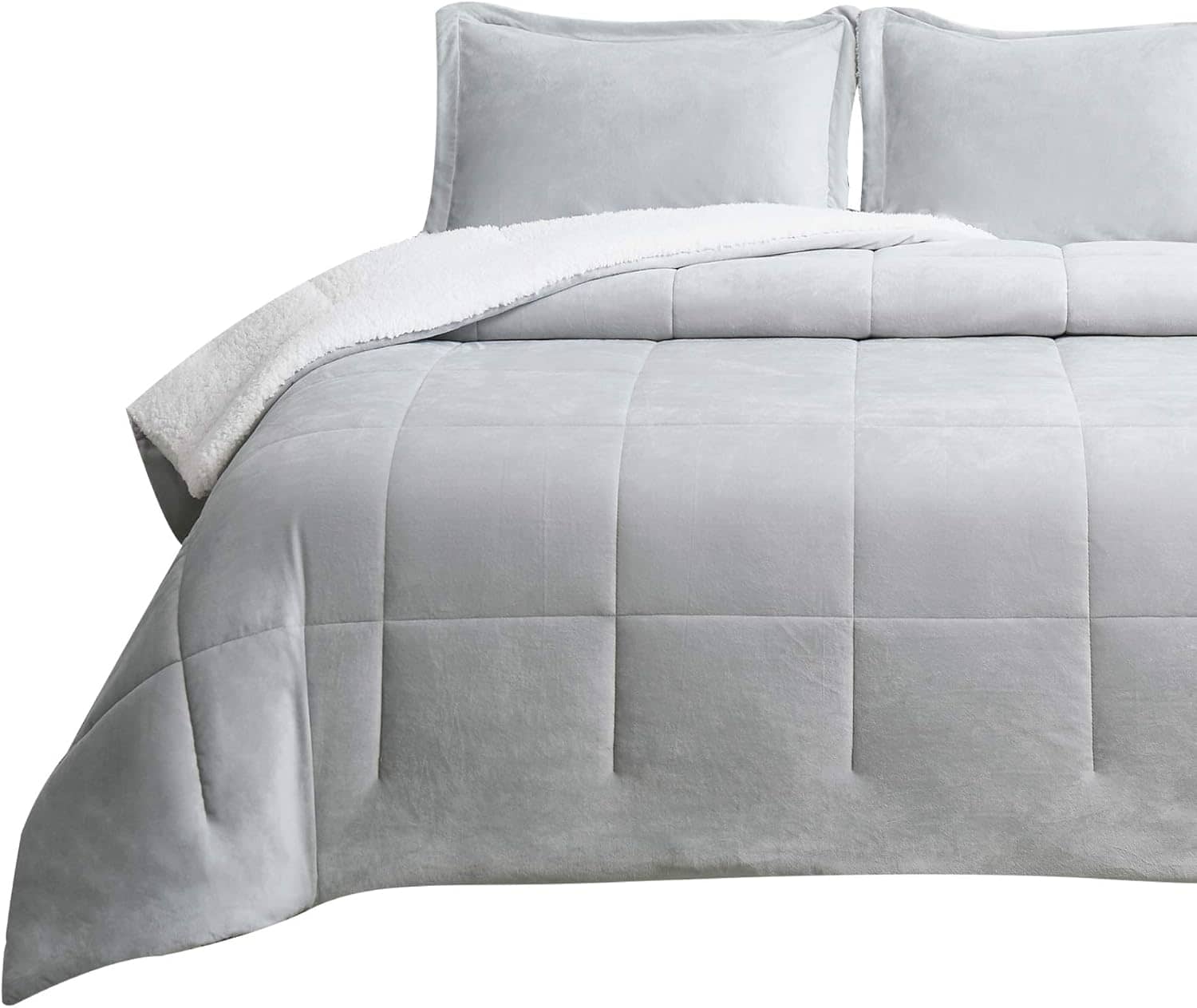 Bedsure Luxurious Micromink Sherpa Light Grey Queen Comforter Set 3 Pieces - (1 Comforter 88x88 and 2 Pillowshams), Reversible Down Alternative Comforter, Machine Washable
