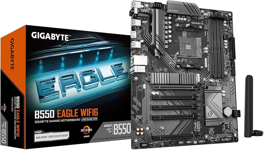 Gigabyte B550 EAGLE WIFI6 Motherboard - AMD Ryzen 5000 G-Series CPUs, 10+3+1 Phases VRM, up to 3200MHz DDR4, 1xPCIe 4.0 + 1xPCIe 3.0 M.2, 1GbE LAN, WIFI 6, USB 3.2 Gen 2